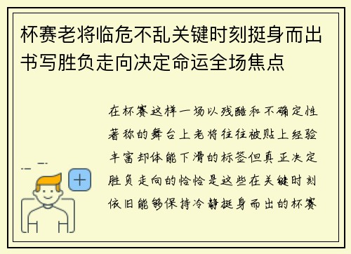 杯赛老将临危不乱关键时刻挺身而出书写胜负走向决定命运全场焦点